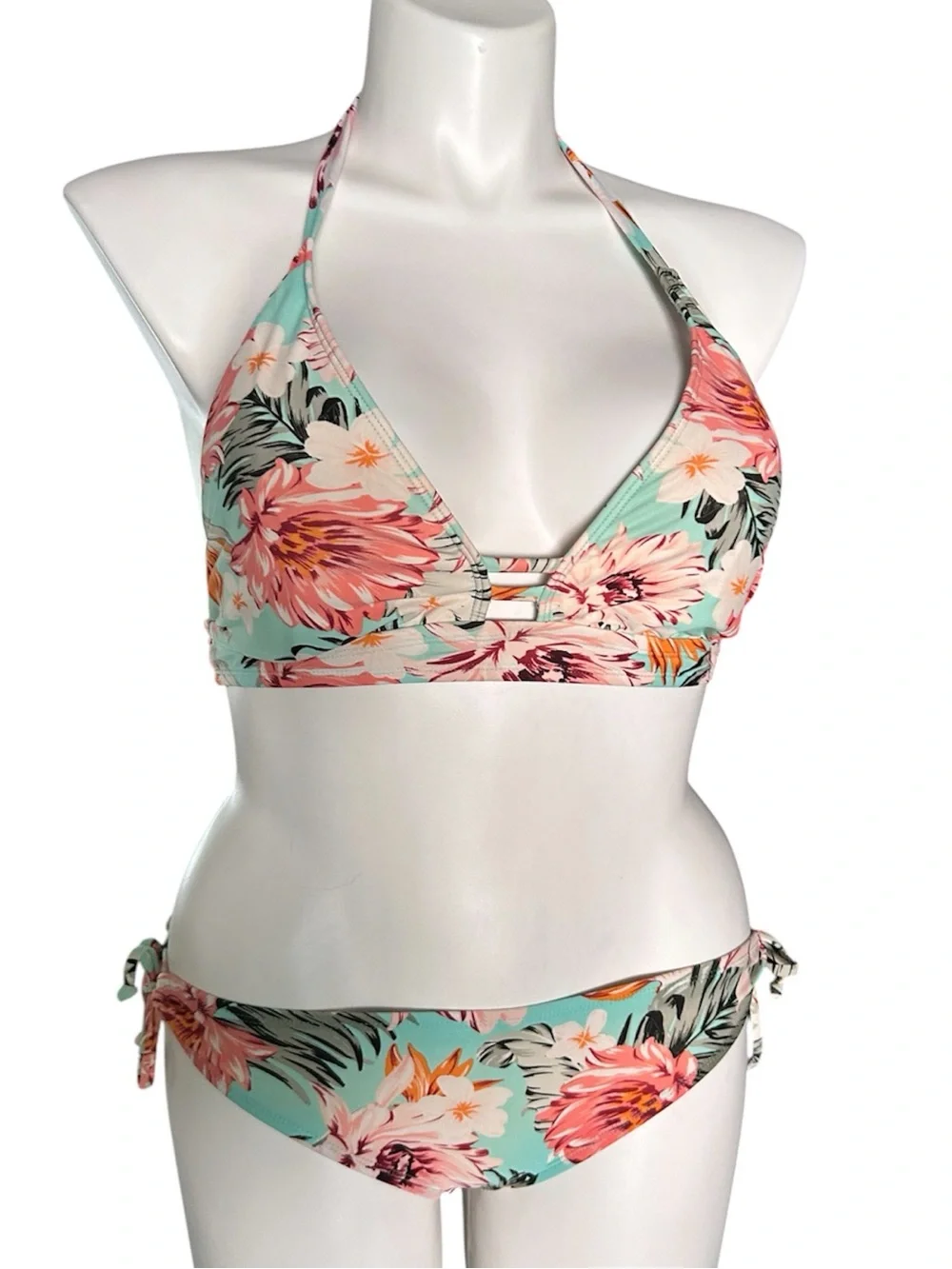 Kona Sol Triangle Bikini Floral Print Aqua Pink White Halter Top EUC Sz XL